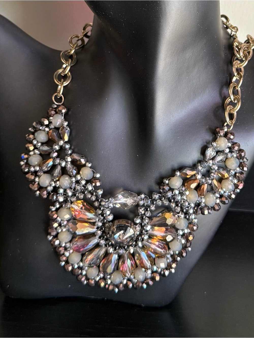Statement Crystal Bib Necklace /Faceted Rhinestones & Bead Collar Necklace /Glam